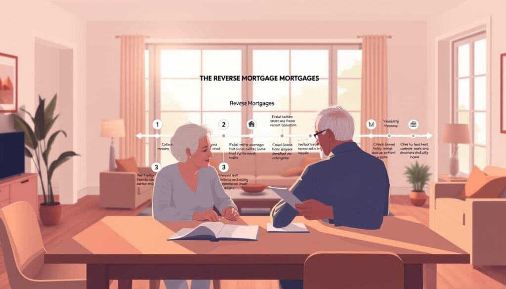A clean, minimalist illustration of the fundamentals of reverse mortgages. Set in a warm, inviting home interior with soft, natural lighting filtering through large windows. In the foreground, a retired couple sits at a table, reviewing documents and discussing their options. Behind them, a timeline diagram illustrates the key stages of a reverse mortgage, with clear icons and concise explanations. The background features subtle architectural details and cozy furnishings, creating a sense of comfort and security. The overall mood is informative, yet reassuring, guiding the viewer through the basic concepts of this financial product. A clean, minimalist illustration of the fundamentals of reverse mortgages. Set in a warm, inviting home interior with soft, natural lighting filtering through large windows. In the foreground, a retired couple sits at a table, reviewing documents and discussing their options. Behind them, a timeline diagram illustrates the key stages of a reverse mortgage, with clear icons and concise explanations. The background features subtle architectural details and cozy furnishings, creating a sense of comfort and security. The overall mood is informative, yet reassuring, guiding the viewer through the basic concepts of this financial product.