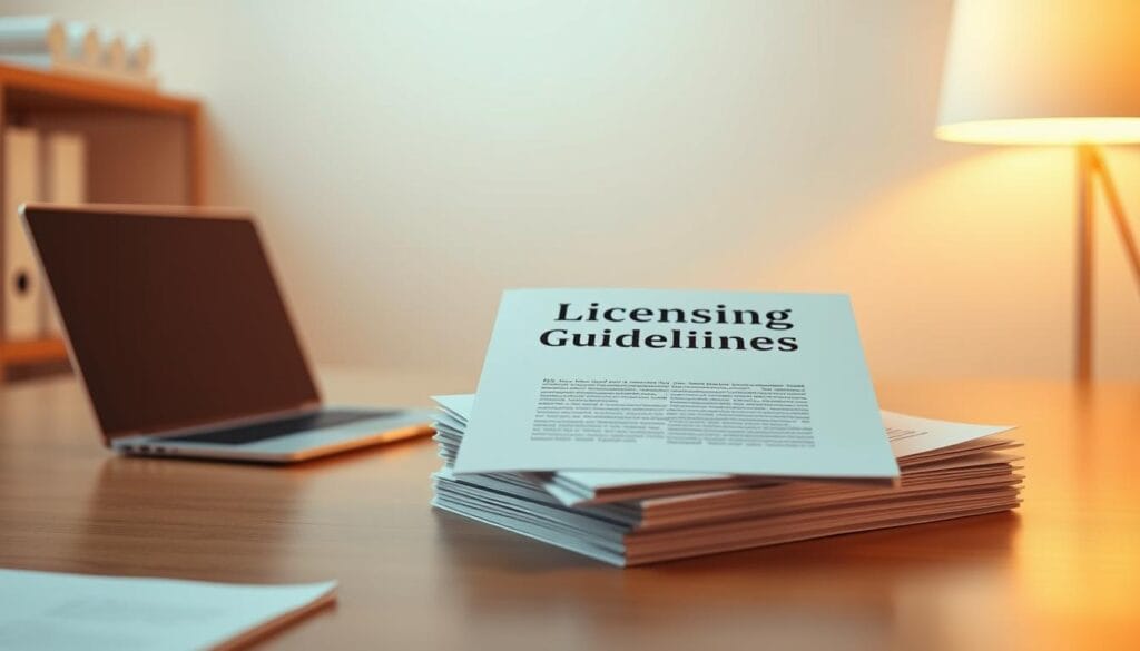 A clean, minimalist office setting with a desk, laptop, and a stack of papers representing "AI Licensing Guidelines". Warm, directional lighting illuminates the scene, casting subtle shadows. The papers have a professional, official appearance, with clean typography and neatly organized pages. The overall atmosphere conveys a sense of thoughtful consideration and careful examination of the subject matter. The image should serve as an informative and visually appealing illustration for the article's section on navigating licensing and fair use guidelines for AI-generated art. A clean, minimalist office setting with a desk, laptop, and a stack of papers representing "AI Licensing Guidelines". Warm, directional lighting illuminates the scene, casting subtle shadows. The papers have a professional, official appearance, with clean typography and neatly organized pages. The overall atmosphere conveys a sense of thoughtful consideration and careful examination of the subject matter. The image should serve as an informative and visually appealing illustration for the article's section on navigating licensing and fair use guidelines for AI-generated art.