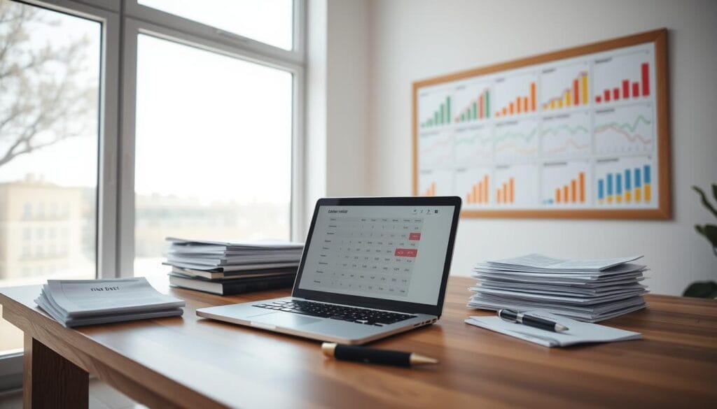 A clean, minimalist office space with natural light streaming through large windows. On a wooden desk, a laptop displays a debt repayment calculator, its interface clean and intuitive. Stacks of financial documents and a pen rest nearby, suggesting the thoughtful planning of a debt payoff strategy. In the background, a bulletin board displays colorful graphs and charts, visualizing the progress of debt reduction over time. The atmosphere is one of focus, organization, and a sense of control over one's financial future. A clean, minimalist office space with natural light streaming through large windows. On a wooden desk, a laptop displays a debt repayment calculator, its interface clean and intuitive. Stacks of financial documents and a pen rest nearby, suggesting the thoughtful planning of a debt payoff strategy. In the background, a bulletin board displays colorful graphs and charts, visualizing the progress of debt reduction over time. The atmosphere is one of focus, organization, and a sense of control over one's financial future.