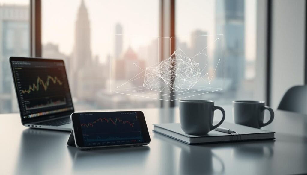 A clean, minimalist workspace with a sleek desk, a laptop, and a cup of coffee. In the foreground, a smartphone and a notebook showcase stock charts and financial data. In the middle, a holographic display projects a 3D model of a neural network, representing the AI algorithms that power the trading system. The background is a softly blurred cityscape, with skyscrapers and a bright, natural lighting that fills the room. The overall mood is one of focus, innovation, and technological sophistication, reflecting the fundamentals of successful AI-driven trading. A clean, minimalist workspace with a sleek desk, a laptop, and a cup of coffee. In the foreground, a smartphone and a notebook showcase stock charts and financial data. In the middle, a holographic display projects a 3D model of a neural network, representing the AI algorithms that power the trading system. The background is a softly blurred cityscape, with skyscrapers and a bright, natural lighting that fills the room. The overall mood is one of focus, innovation, and technological sophistication, reflecting the fundamentals of successful AI-driven trading.