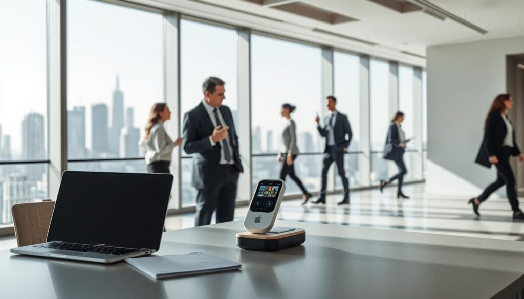 A clean, modern office interior with a large window overlooking a city skyline. In the foreground, a desk with a laptop, documents, and a small digital identity verification device. The middle ground features individuals engaged in discussions, gesturing toward the verification device. The background showcases silhouettes of people moving through the office, representing the flow of digital identity verification processes. The lighting is bright and natural, creating a sense of professionalism and transparency. The overall atmosphere conveys the impact of regulatory changes on evolving identity verification practices in the digital age.