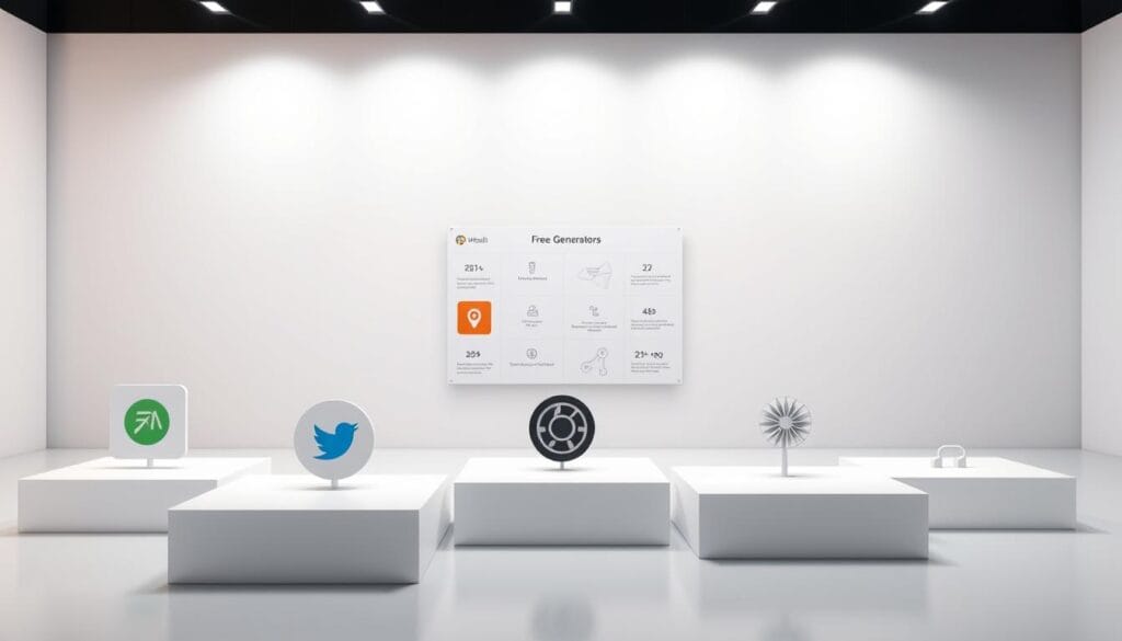 A clean, professional comparison of free AI image generator tools, showcased in a three-dimensional display. The foreground features the logos and icons of popular free generators, placed on sleek, well-lit platforms. The middle ground depicts minimalist charts and diagrams highlighting the key features and capabilities of each tool. The background is a softly lit, neutral-toned studio setting, creating a modern, informative atmosphere. The lighting is carefully balanced, with subtle shadows and highlights accentuating the products. The camera angle is slightly elevated, giving an authoritative, expert perspective on the subject matter.