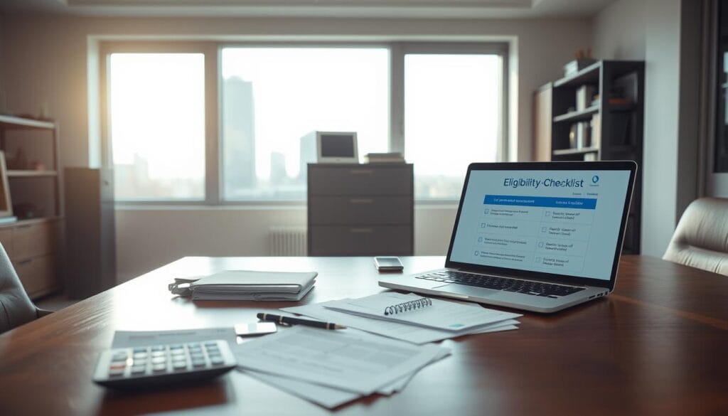 A clean, well-lit office interior with a large wooden desk in the foreground. On the desk, there are various financial documents, a calculator, and a laptop displaying an eligibility checklist for IRS tax relief. The middle ground features a filing cabinet and a bookshelf with tax-related books. The background showcases a large window overlooking a cityscape, bathed in soft, natural lighting. The overall atmosphere conveys a sense of professionalism, organization, and the process of navigating complex financial assistance.