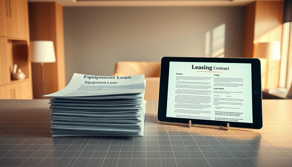 A clean, well-lit office setting with a desk showcasing two contrasting financial instruments - a stack of paper documents representing an equipment loan, and a tablet displaying a leasing contract. The desk is adorned with a subtle grid pattern, creating a sense of balance and organization. Warm, neutral tones fill the room, while strategic lighting casts subtle shadows, emphasizing the details of the financial instruments. The overall atmosphere conveys professionalism, clarity, and the need to carefully consider the key differences between equipment loans and leasing options for businesses.