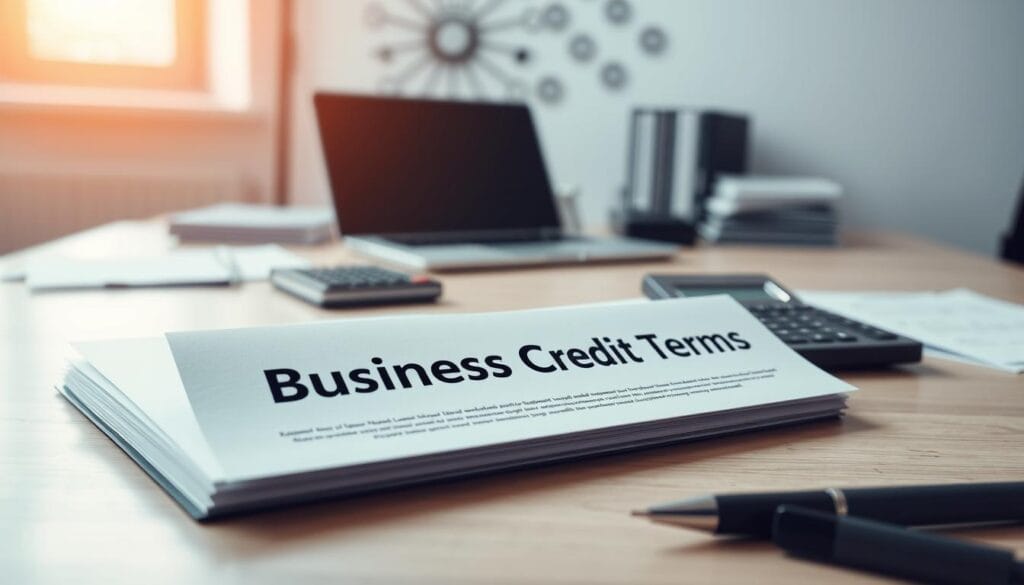 A clean, well-organized office desk with a laptop, folders, and a calculator. The lighting is soft and warm, creating a professional, business-like atmosphere. In the foreground, a stack of documents with the text "Business Credit Terms" prominently displayed. The middle ground features a pen and a magnifying glass, suggesting a closer examination of the documents. The background is blurred, with a minimalist wall decor that complements the overall aesthetic. The composition conveys a sense of thoughtful consideration and attention to detail in the decision-making process for a business line of credit. A clean, well-organized office desk with a laptop, folders, and a calculator. The lighting is soft and warm, creating a professional, business-like atmosphere. In the foreground, a stack of documents with the text "Business Credit Terms" prominently displayed. The middle ground features a pen and a magnifying glass, suggesting a closer examination of the documents. The background is blurred, with a minimalist wall decor that complements the overall aesthetic. The composition conveys a sense of thoughtful consideration and attention to detail in the decision-making process for a business line of credit.