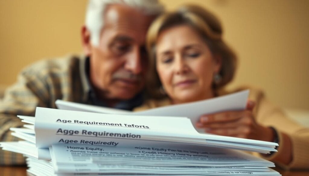 A clearly-lit, detailed close-up image of the key requirements for a reverse mortgage, portrayed in a formal, informative style. The foreground features a stack of official-looking documents with prominent titles such as "Age Requirement", "Home Equity", and "Credit History". The middle ground showcases a mature adult homeowner reviewing the paperwork, their expression conveying thoughtful consideration. The background is a warm, neutral tone, placing the focus on the essential information. The overall composition and lighting evoke a sense of professionalism and financial seriousness, suitable for an article on the subject. A clearly-lit, detailed close-up image of the key requirements for a reverse mortgage, portrayed in a formal, informative style. The foreground features a stack of official-looking documents with prominent titles such as "Age Requirement", "Home Equity", and "Credit History". The middle ground showcases a mature adult homeowner reviewing the paperwork, their expression conveying thoughtful consideration. The background is a warm, neutral tone, placing the focus on the essential information. The overall composition and lighting evoke a sense of professionalism and financial seriousness, suitable for an article on the subject.