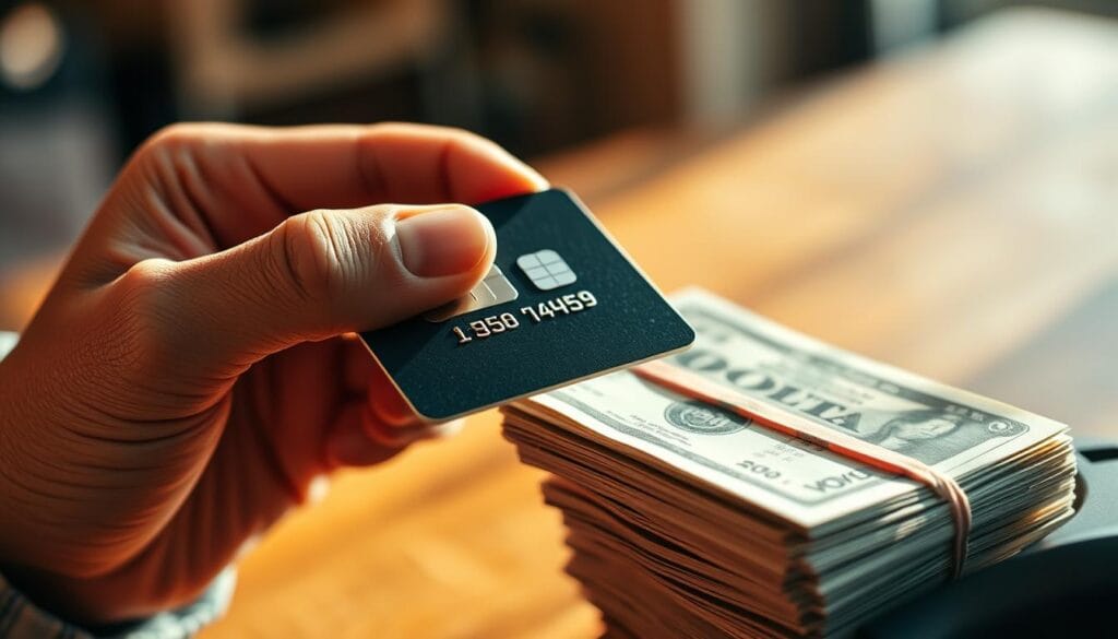 A close-up photograph of a person's hand holding a credit card, with a stack of cash bills visible in the foreground. The card's magnetic strip and chip are prominently displayed, indicating a cash advance transaction. The background is blurred, creating a sense of focus on the financial transaction. The lighting is warm and natural, casting subtle shadows that add depth and dimensionality to the scene. The overall mood is one of convenience and financial empowerment, reflecting the quick and accessible nature of credit card cash advances.