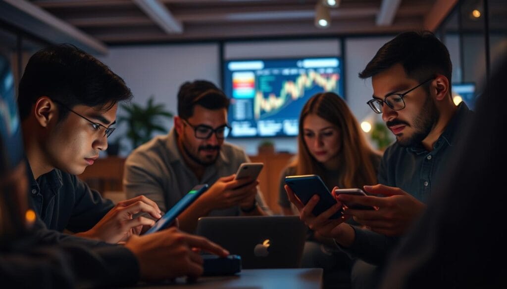 A close-up view of a group of people intently studying cryptocurrency charts on their laptops and smartphones, illuminated by the soft glow of their screens in a dimly lit office setting. The beginners appear focused and engaged, their expressions a mix of curiosity and determination as they navigate the complexities of the digital asset market. The background is slightly blurred, emphasizing the subjects and creating a sense of intimacy and concentration. Warm, diffused lighting casts a gentle, inviting atmosphere, while the camera angle suggests an insider's perspective, as if the viewer is part of the group. The overall scene conveys a sense of exploration and discovery, capturing the essence of those new to the world of cryptocurrency.
