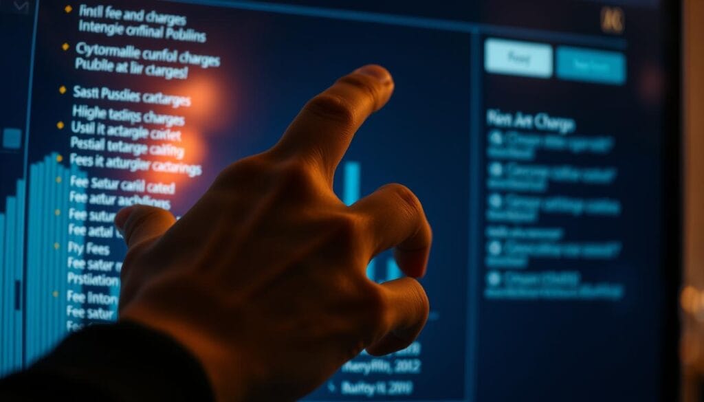 A close-up view of a hand interacting with a digital cryptocurrency interface, illuminated by the soft glow of a computer screen. The hand hovers over a menu of fees and charges, each option accompanied by detailed information and icons. The background is blurred, creating a sense of focus on the screen and the hand's movements. Subtle patterns and textures in the interface design suggest the complexity and intricacy of the cryptocurrency landscape. The lighting is warm and inviting, creating a sense of professionalism and trust. The overall mood is one of careful consideration and thoughtful decision-making.