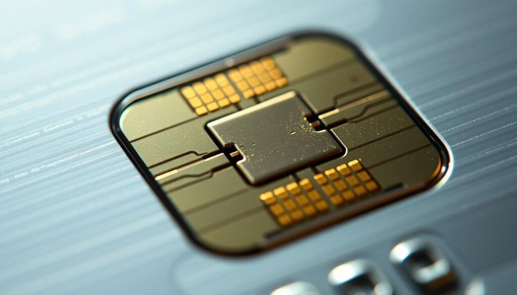 A close-up view of an EMV chip embedded in a credit card, illuminated by soft, diffused lighting from the side. The chip's intricate gold-plated contacts and microprocessor circuitry are prominently featured, conveying the technological sophistication of this payment security system. The card's surface has a sleek, reflective finish, adding depth and visual interest. The background is blurred, placing the focus entirely on the captivating details of the EMV chip's architecture.