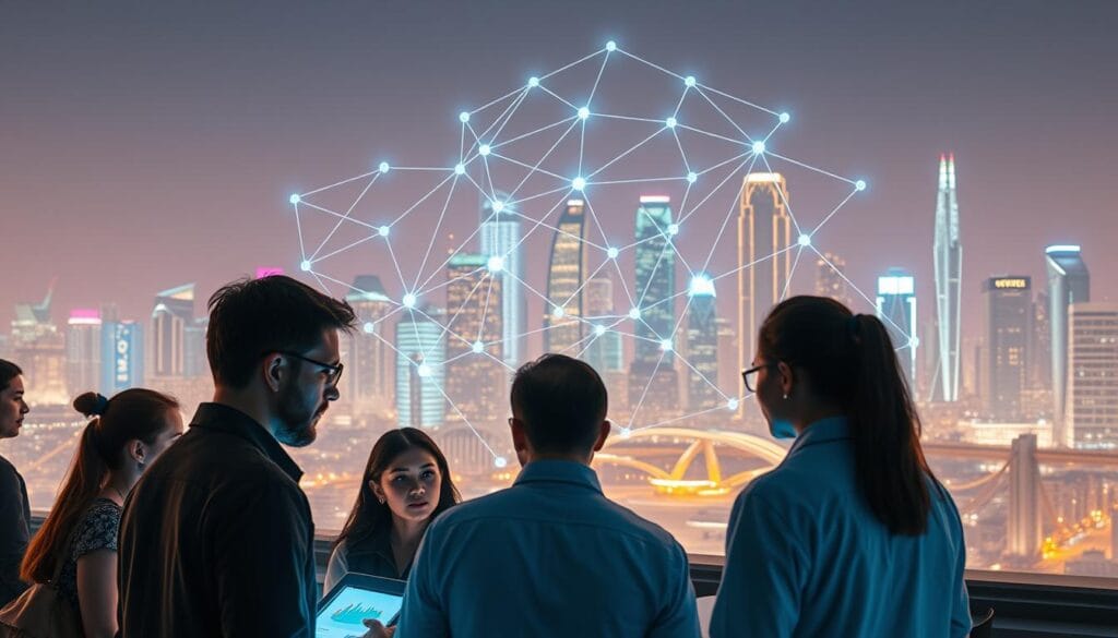 A collaborative financial network, with individual peers connected through secure blockchain transactions. In the foreground, a group of diverse individuals are discussing investment strategies and risk management, their faces lit by the soft glow of transparent digital interfaces. In the middle ground, a complex web of interconnected nodes and pathways visualizes the decentralized flow of assets, with real-time data analytics displayed in holographic projections. The background depicts a futuristic cityscape, its towering skyscrapers and gleaming infrastructure symbolizing the scale and integration of this innovative financial ecosystem. The scene is bathed in a warm, ambient lighting that conveys a sense of trust, transparency, and collective prosperity.