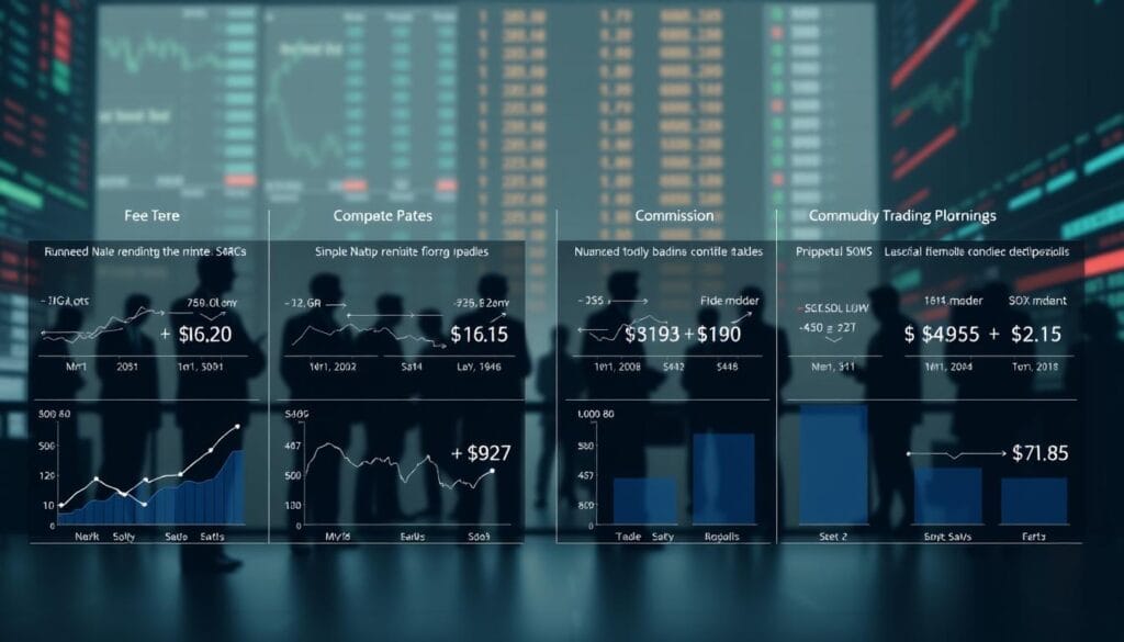 A comparative visual analysis of various commodity trading platform fee structures and commission rates, presented in a sleek and informative manner. The foreground showcases a series of side-by-side charts and graphs, each highlighting the nuanced pricing models of leading platforms. The middle ground features silhouettes of traders against a backdrop of stock tickers and financial data, conveying the dynamic nature of the industry. The background is composed of a muted palette of greys and blues, creating a sense of professionalism and authority. Crisp lighting and a shallow depth of field draw the viewer's focus to the key data visualizations, allowing for clear and concise comparison of the featured platforms' fee and commission details. A comparative visual analysis of various commodity trading platform fee structures and commission rates, presented in a sleek and informative manner. The foreground showcases a series of side-by-side charts and graphs, each highlighting the nuanced pricing models of leading platforms. The middle ground features silhouettes of traders against a backdrop of stock tickers and financial data, conveying the dynamic nature of the industry. The background is composed of a muted palette of greys and blues, creating a sense of professionalism and authority. Crisp lighting and a shallow depth of field draw the viewer's focus to the key data visualizations, allowing for clear and concise comparison of the featured platforms' fee and commission details.
