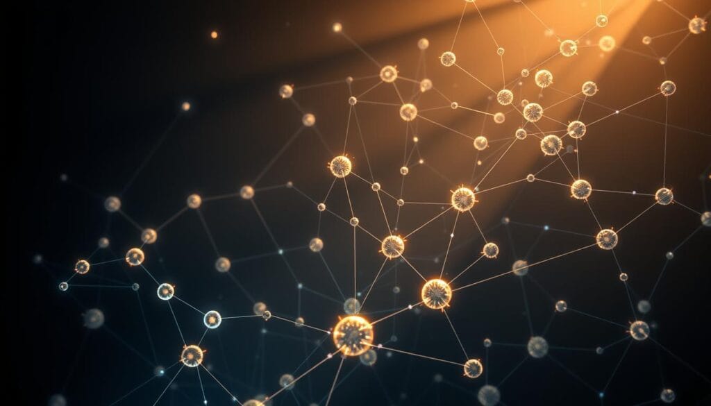 A complex, interconnected blockchain network with nodes and transactions flowing through it. The nodes are represented as glowing spheres, pulsing with energy and interconnected by a web of luminous pathways. The background is a dark, moody space with a subtle interplay of shadows and highlights, creating a sense of depth and mystery. The lighting is dramatic, with beams of light cutting through the darkness, illuminating the intricate structures of the network. The overall composition is balanced and visually striking, conveying the power and complexity of blockchain technology.