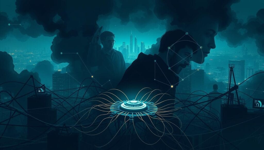 A complex landscape of blockchain implementation challenges, captured in a striking digital illustration. In the foreground, a tangled web of security protocols and regulatory hurdles, casting shadows over a central transaction hub. In the middle ground, developers wrestle with integrating legacy systems, their faces etched with concentration. The background reveals a dimly lit cityscape, hinting at the need for seamless cross-border payments. Dramatic lighting accentuates the tension, while a cool color palette evokes the technological nature of the subject matter. The overall composition conveys the multifaceted obstacles faced in bringing blockchain payment solutions to fruition.