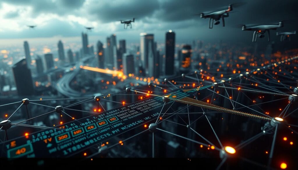 A complex network of blockchain nodes, each processing a series of digital transactions. In the foreground, a detailed visualization of a single transaction, with various data fields and cryptographic signatures. In the middle ground, a visualization of the broader network, with nodes connected by glowing data streams. In the background, a futuristic cityscape backdrop, with skyscrapers and drones, symbolizing the integration of blockchain technology into the modern world. Dramatic lighting, cinematic camera angles, and a sense of technological awe and complexity.