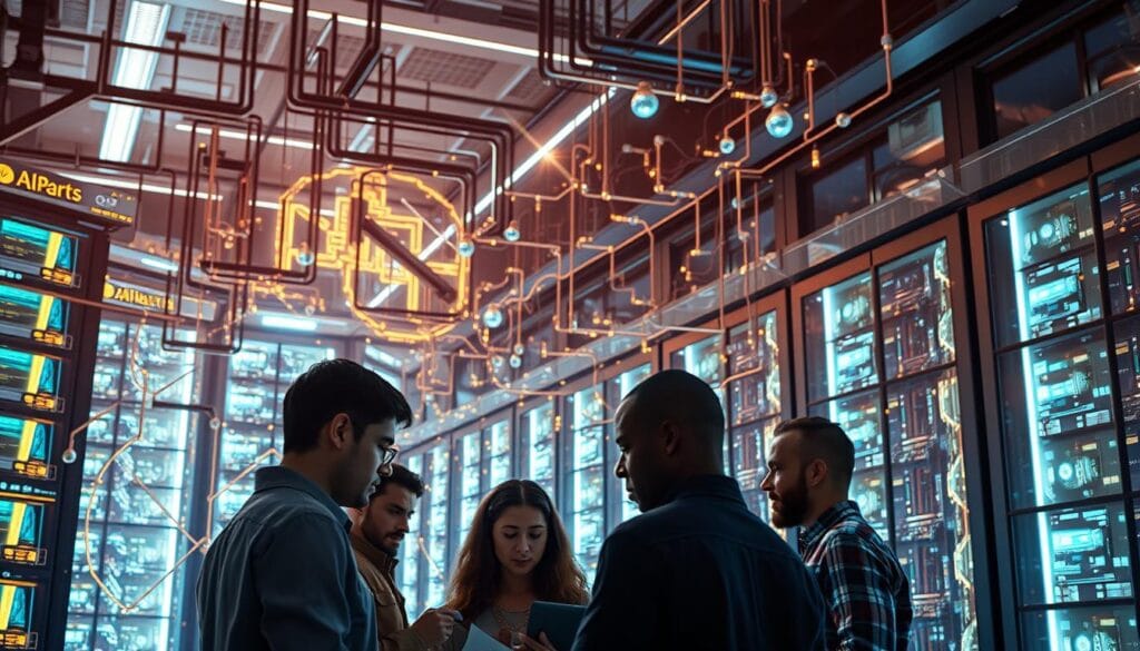 A complex network of interconnected machine learning models, their intricate architectures illuminated by a soft, warm glow. Sleek, futuristic data centers serve as the backdrop, with cutting-edge hardware and sophisticated algorithms working in tandem. In the foreground, a team of data scientists and engineers collaborate, their expressions intense as they analyze real-time insights. The scene conveys the power, innovation, and collaborative nature of the technologies shaping the most lucrative AI careers. A complex network of interconnected machine learning models, their intricate architectures illuminated by a soft, warm glow. Sleek, futuristic data centers serve as the backdrop, with cutting-edge hardware and sophisticated algorithms working in tandem. In the foreground, a team of data scientists and engineers collaborate, their expressions intense as they analyze real-time insights. The scene conveys the power, innovation, and collaborative nature of the technologies shaping the most lucrative AI careers.