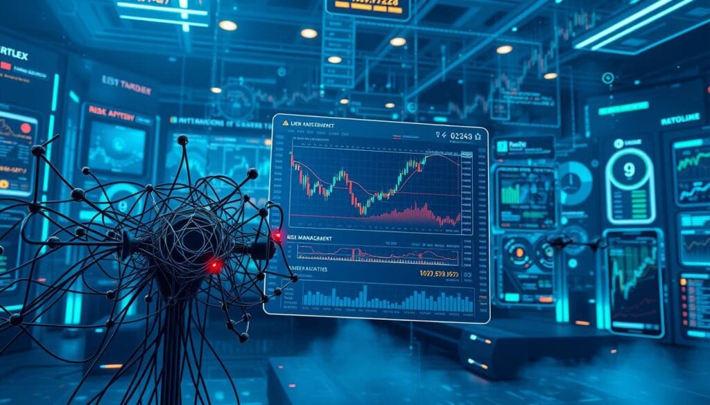 A complex web of artificial intelligence algorithms trading on various financial markets, against a backdrop of real-time data visualizations and stock charts. The foreground depicts a group of neural networks and machine learning models interacting with each other, their inner workings visible as intricate diagrams and mathematical equations. In the middle ground, a 3D holographic display showcases live trading activity, with candlestick charts, price tickers, and risk management analytics. The background is a dynamic, high-tech environment with futuristic interfaces, glowing panels, and a subtle haze of blue and green lighting, creating an atmosphere of advanced technology and financial innovation.