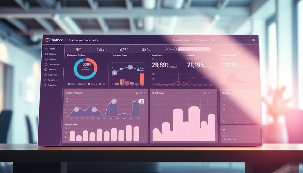 A comprehensive data visualization dashboard depicting real-time chatbot performance metrics. The foreground showcases a sleek, minimalist UI with interactive charts and graphs tracking key performance indicators such as customer engagement, response times, and resolution rates. The middle ground features a clean, pastel-toned color scheme with subtle grid lines and annotations to provide context. The background is a soft, blurred office environment, conveying a sense of professionalism and productivity. Crisp lighting from above casts gentle shadows, enhancing the three-dimensional depth and drawing the viewer's eye to the focal point. The overall mood is one of efficiency, transparency, and data-driven decision making.