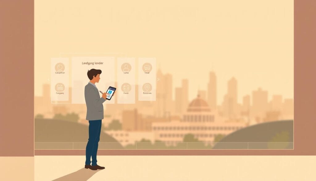 A contemporary, minimalist illustration depicting the process of choosing the right mortgage lender. In the foreground, a person standing thoughtfully, carefully examining a tablet or smartphone displaying lender information. The middle ground showcases an array of lending options, each represented by subtle icons or symbols. The background is a serene, softly-blurred cityscape, conveying a sense of financial security and stability. Warm, muted tones create a calming, approachable atmosphere, while clean lines and elegant simplicity reflect the thoughtful decision-making process. Soft, directional lighting illuminates the scene, guiding the viewer's focus to the central figure's contemplative pose.