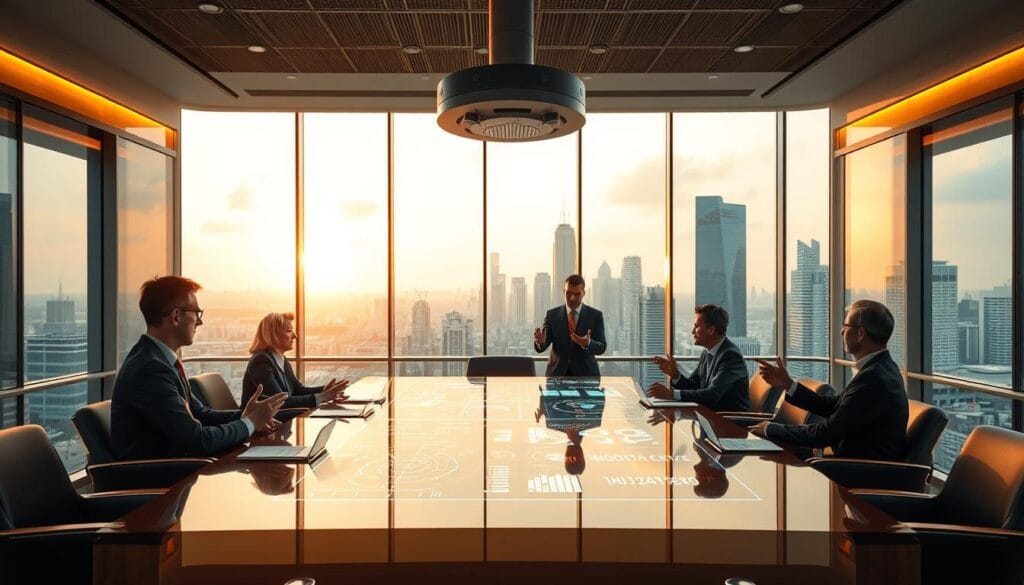 A corporate boardroom with sleek, modern furniture and floor-to-ceiling windows overlooking a bustling city skyline. At the center of the room, a large polished table where a group of executives in tailored suits are engaged in a lively discussion, gesturing towards holographic displays showcasing intricate diagrams and statistical charts. The lighting is warm and professional, accenting the refined atmosphere. Overhead, a state-of-the-art AI assistant hovers, analyzing the conversation and offering discreet insights. The mood is one of thoughtful consideration as the group navigates the complexities of intellectual property in the age of AI.