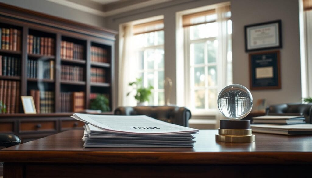 A cozy and inviting office setting with natural light filtering in through large windows. On a wooden desk, a stack of financial documents and a glass paperweight sit neatly organized, conveying a sense of trust and responsibility. In the background, a bookshelf filled with leather-bound volumes and a framed certificate on the wall suggest an atmosphere of expertise and professionalism. The overall mood is one of thoughtful deliberation, where the intricacies of trust fund management are carefully considered.