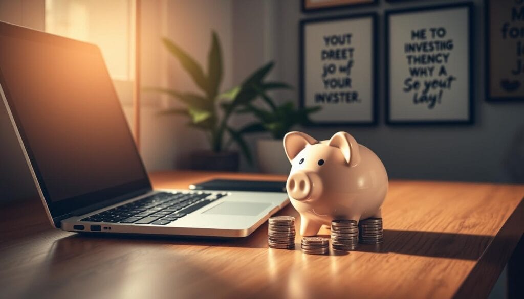 A cozy home office scene with a laptop, a piggy bank, and a stack of coins on a wooden desk. The lighting is warm and inviting, casting a soft glow over the scene. The desk is placed against a wall, with a plant and a few framed motivational quotes in the background. The focus is on the piggy bank and the coins, symbolizing the small but steady steps of micro-investing for a new investor. The overall mood is one of financial empowerment and the belief that even small investments can lead to big rewards. A cozy home office scene with a laptop, a piggy bank, and a stack of coins on a wooden desk. The lighting is warm and inviting, casting a soft glow over the scene. The desk is placed against a wall, with a plant and a few framed motivational quotes in the background. The focus is on the piggy bank and the coins, symbolizing the small but steady steps of micro-investing for a new investor. The overall mood is one of financial empowerment and the belief that even small investments can lead to big rewards.