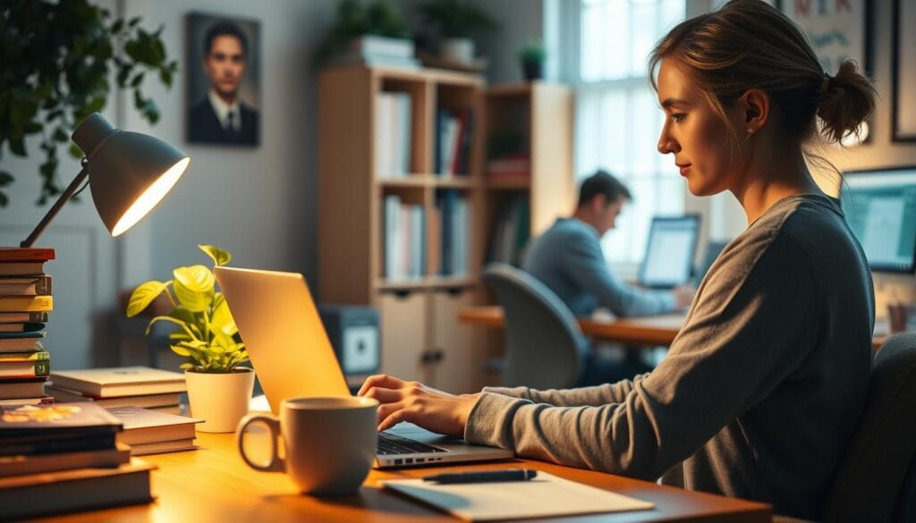 A cozy home office with a virtual assistant working on a laptop, surrounded by stacks of books, a plant, and a cup of coffee. The lighting is warm and focused, casting a soft glow on the scene. In the background, a freelance writer is typing away at a desk, their computer screen visible. The overall atmosphere is one of productivity, focus, and the blending of technology and creativity. A cozy home office with a virtual assistant working on a laptop, surrounded by stacks of books, a plant, and a cup of coffee. The lighting is warm and focused, casting a soft glow on the scene. In the background, a freelance writer is typing away at a desk, their computer screen visible. The overall atmosphere is one of productivity, focus, and the blending of technology and creativity.