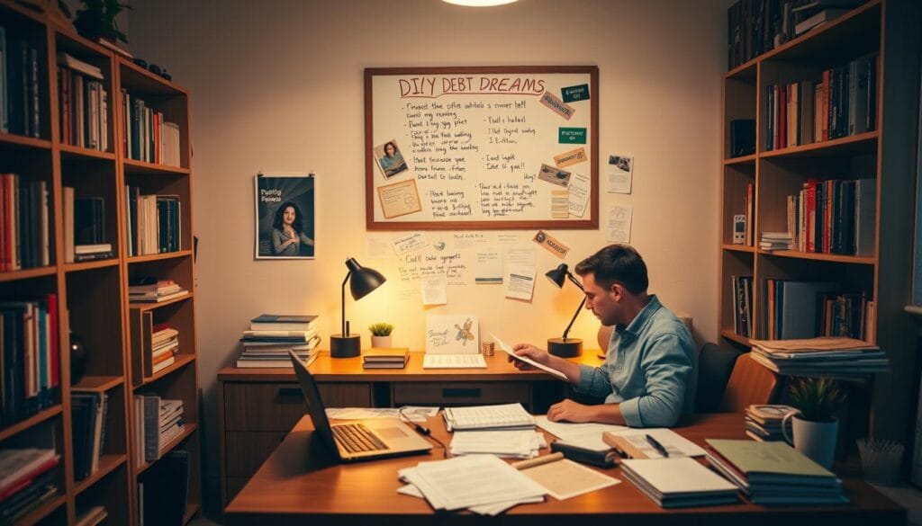 A cozy home office with a wooden desk, littered with financial documents and a laptop. Shelves line the walls, overflowing with books on budgeting and personal finance. A vision board hangs above the desk, showcasing handwritten notes and clippings of debt-free dreams. Soft, warm lighting casts a contemplative glow, as the occupant, clad in casual attire, pores over spreadsheets, meticulously planning their DIY debt relief strategy. The atmosphere exudes determination and a sense of financial empowerment.