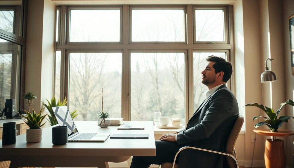 A cozy, modern home office with abundant natural light streaming through large windows. A sleek, minimalist desk with a laptop, stylish office supplies, and a succulent plant. In the foreground, a person in business attire sitting comfortably, deep in thought, their expression reflecting a sense of calm focus. Warm, muted colors create a serene atmosphere, conveying an effortless, efficient investor experience. The scene is captured with a wide-angle lens, emphasizing the spaciousness and inviting ambiance of the workspace. A cozy, modern home office with abundant natural light streaming through large windows. A sleek, minimalist desk with a laptop, stylish office supplies, and a succulent plant. In the foreground, a person in business attire sitting comfortably, deep in thought, their expression reflecting a sense of calm focus. Warm, muted colors create a serene atmosphere, conveying an effortless, efficient investor experience. The scene is captured with a wide-angle lens, emphasizing the spaciousness and inviting ambiance of the workspace.