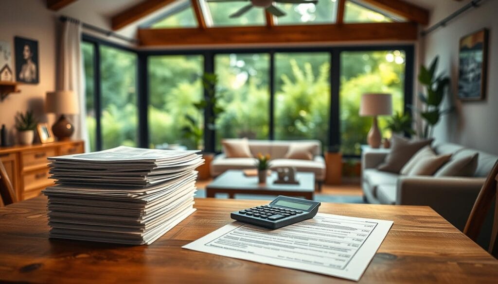 A cozy modern home with a warm, inviting atmosphere. In the foreground, a wooden table showcases a neatly organized stack of documents and a calculator, symbolizing the process of calculating home equity. The middle ground features a comfortable living room with plush furniture and a large window, allowing natural light to flood the space. In the background, a lush, flourishing garden can be seen through the window, suggesting a sense of tranquility and financial security. The overall composition conveys a balanced, harmonious scene that highlights the concept of "Home Equity Loan Value." A cozy modern home with a warm, inviting atmosphere. In the foreground, a wooden table showcases a neatly organized stack of documents and a calculator, symbolizing the process of calculating home equity. The middle ground features a comfortable living room with plush furniture and a large window, allowing natural light to flood the space. In the background, a lush, flourishing garden can be seen through the window, suggesting a sense of tranquility and financial security. The overall composition conveys a balanced, harmonious scene that highlights the concept of "Home Equity Loan Value."