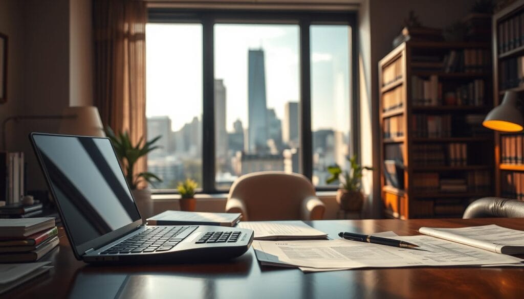 A cozy office setting, bathed in warm, soft lighting. In the foreground, a desk with a laptop, a calculator, and neatly organized documents, representing the tax preparation work. In the middle ground, a bookshelf filled with accounting and tax-related books, conveying expertise and knowledge. The background depicts a city skyline through a large window, suggesting the scale and importance of the financial services being provided. The overall atmosphere is one of professionalism, efficiency, and attention to detail, reflecting the expertise of a CPA firm handling tax matters. A cozy office setting, bathed in warm, soft lighting. In the foreground, a desk with a laptop, a calculator, and neatly organized documents, representing the tax preparation work. In the middle ground, a bookshelf filled with accounting and tax-related books, conveying expertise and knowledge. The background depicts a city skyline through a large window, suggesting the scale and importance of the financial services being provided. The overall atmosphere is one of professionalism, efficiency, and attention to detail, reflecting the expertise of a CPA firm handling tax matters.