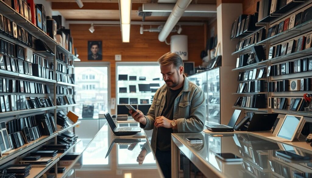 A cozy second-hand electronics store, its shelves lined with an array of refurbished devices - smartphones, tablets, laptops, and more. Bright natural light floods the room, casting a warm glow across the polished surfaces. A customer, dressed in casual attire, carefully examines a used smartphone, considering the cost savings and sustainability benefits of purchasing pre-owned tech. The store's owner, a friendly and knowledgeable individual, stands nearby, ready to provide guidance and answer any questions. The atmosphere exudes a sense of exploration and discovery, as the customer navigates the store's selection, finding the perfect device to meet their needs without breaking the bank. A cozy second-hand electronics store, its shelves lined with an array of refurbished devices - smartphones, tablets, laptops, and more. Bright natural light floods the room, casting a warm glow across the polished surfaces. A customer, dressed in casual attire, carefully examines a used smartphone, considering the cost savings and sustainability benefits of purchasing pre-owned tech. The store's owner, a friendly and knowledgeable individual, stands nearby, ready to provide guidance and answer any questions. The atmosphere exudes a sense of exploration and discovery, as the customer navigates the store's selection, finding the perfect device to meet their needs without breaking the bank.