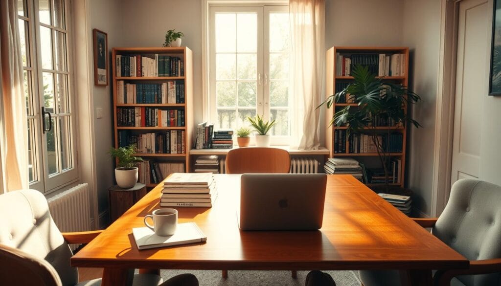 A cozy, sun-drenched home office with a laptop, a stacks of books, and a potted plant. A warm, wooden table serves as the centerpiece, surrounded by comfortable chairs. Soft, natural lighting filters through a large window, casting a gentle glow over the scene. In the background, a bookshelf filled with titles on entrepreneurship, personal finance, and online business strategies. On the table, a cup of coffee and a notebook, hinting at the pursuit of passive income streams through blogging and digital content creation. The overall atmosphere is one of calm productivity and financial independence. A cozy, sun-drenched home office with a laptop, a stacks of books, and a potted plant. A warm, wooden table serves as the centerpiece, surrounded by comfortable chairs. Soft, natural lighting filters through a large window, casting a gentle glow over the scene. In the background, a bookshelf filled with titles on entrepreneurship, personal finance, and online business strategies. On the table, a cup of coffee and a notebook, hinting at the pursuit of passive income streams through blogging and digital content creation. The overall atmosphere is one of calm productivity and financial independence.