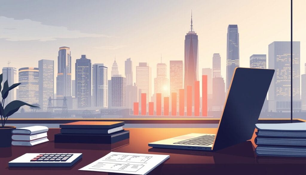 A crisp, clean-lined illustration depicting the concept of credit limits. A well-appointed office desk in the foreground, complete with a laptop, calculator, and neatly organized files. In the midground, a series of bar graphs and charts showcasing financial data, illuminated by warm, diffused lighting. The background features a cityscape of towering skyscrapers, conveying a sense of financial power and possibility. The overall mood is one of professionalism, control, and the responsible management of business finances. A crisp, clean-lined illustration depicting the concept of credit limits. A well-appointed office desk in the foreground, complete with a laptop, calculator, and neatly organized files. In the midground, a series of bar graphs and charts showcasing financial data, illuminated by warm, diffused lighting. The background features a cityscape of towering skyscrapers, conveying a sense of financial power and possibility. The overall mood is one of professionalism, control, and the responsible management of business finances.