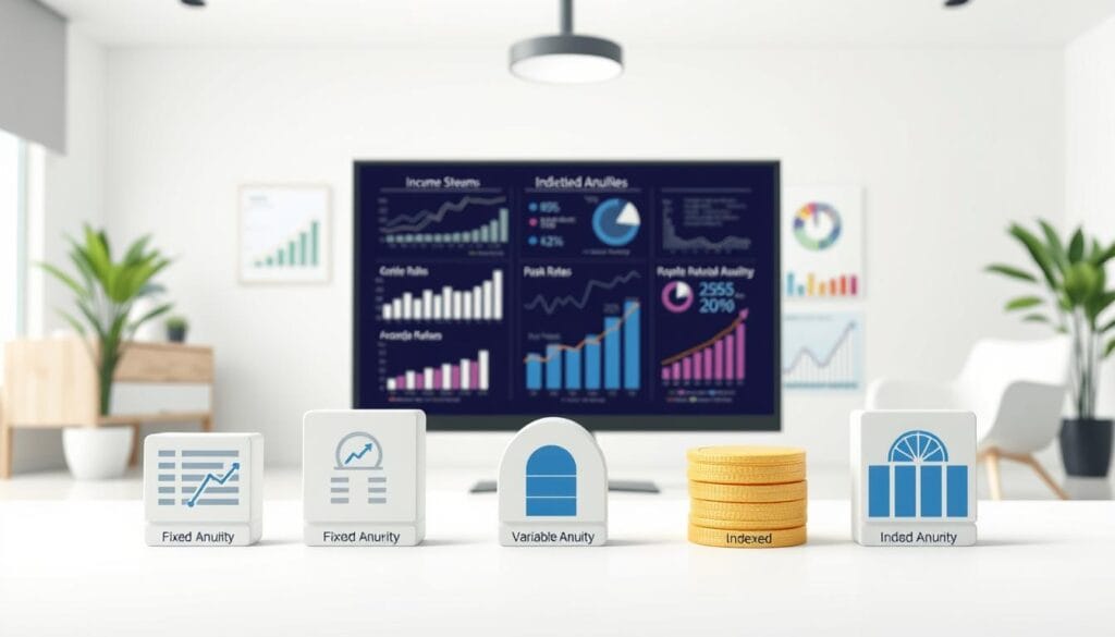 A crisp, detailed illustration showcasing various types of annuities in a professional, informative style. A clean, modern layout with a neutral color palette. In the foreground, several annuity product icons - a fixed annuity, a variable annuity, and an indexed annuity - displayed prominently. In the middle ground, an array of financial charts and graphs visualizing key annuity features like income streams, growth rates, and risk profiles. In the background, a serene office setting with minimalist decor, suggesting a suitable environment for discussing retirement planning. Overall, a visually compelling and educational asset to complement the article's exploration of annuity options. A crisp, detailed illustration showcasing various types of annuities in a professional, informative style. A clean, modern layout with a neutral color palette. In the foreground, several annuity product icons - a fixed annuity, a variable annuity, and an indexed annuity - displayed prominently. In the middle ground, an array of financial charts and graphs visualizing key annuity features like income streams, growth rates, and risk profiles. In the background, a serene office setting with minimalist decor, suggesting a suitable environment for discussing retirement planning. Overall, a visually compelling and educational asset to complement the article's exploration of annuity options.