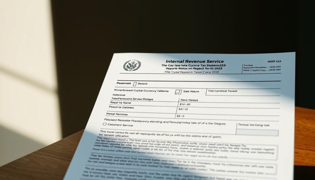 A crisp, high-resolution image of Internal Revenue Service (IRS) Form 1099-DA, the new Cryptocurrency Tax Statement for the year 2025. The form is depicted against a clean, minimalist background, illuminated by natural daylight streaming in from the left side, casting subtle shadows. The document appears to be placed on a wooden desk or table, with a muted, professional color palette of grays, blues, and browns. The form is presented in a clear, legible manner, highlighting the key sections relevant to reporting cryptocurrency transactions and gains. The overall tone is one of informative clarity, reflecting the importance of this new tax requirement in the evolving world of digital assets.