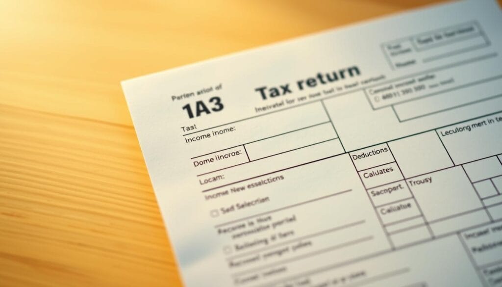 A crisp, meticulously designed tax return form against a softly blurred background. The form's layout is precise, with clear sections and fields for income, deductions, and calculations. The paper texture is subtly visible, adding a tactile quality. Warm, indirect lighting casts gentle shadows, creating depth and dimension. The overall mood is professional, organized, and focused, reflecting the serious nature of personal finance and tax obligations.