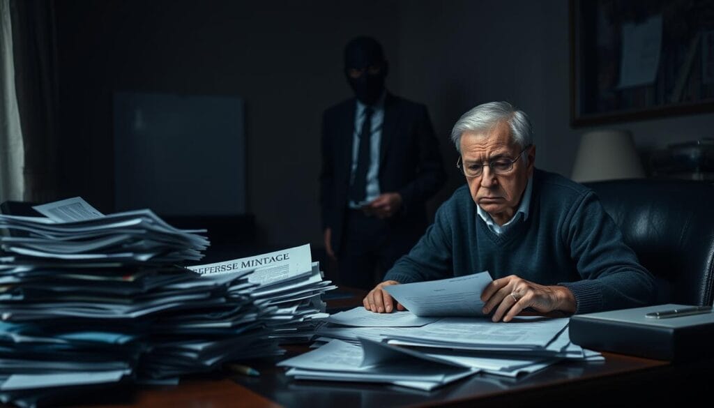A dark, gloomy room with a sense of financial unease. In the foreground, an elderly couple sits at a cluttered desk, expressions etched with concern as they review documents related to a reverse mortgage. The middle ground features an ominous stack of bills and notices, hinting at the potential downsides of this financial decision. In the background, a shadowy figure representing the lender looms, creating an atmosphere of unease and uncertainty. The lighting is harsh, casting deep shadows and highlighting the worried faces of the couple. The overall scene conveys the potential pitfalls and cons of a reverse mortgage, inviting the viewer to consider the risks and implications of this financial product. A dark, gloomy room with a sense of financial unease. In the foreground, an elderly couple sits at a cluttered desk, expressions etched with concern as they review documents related to a reverse mortgage. The middle ground features an ominous stack of bills and notices, hinting at the potential downsides of this financial decision. In the background, a shadowy figure representing the lender looms, creating an atmosphere of unease and uncertainty. The lighting is harsh, casting deep shadows and highlighting the worried faces of the couple. The overall scene conveys the potential pitfalls and cons of a reverse mortgage, inviting the viewer to consider the risks and implications of this financial product.