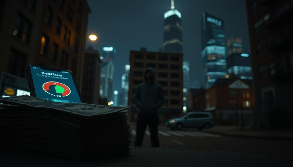 A dark, gritty urban setting at night. In the foreground, a stack of cash and a smartphone with a credit score app, casting an eerie glow. In the middle ground, a person in a hoodie standing in front of a run-down building, symbolizing financial hardship. In the background, a blurred cityscape with towering skyscrapers, conveying the contrast between wealth and poverty. Dramatic chiaroscuro lighting, emphasizing the shadowy, uncertain nature of bad credit personal loans. A somber, desaturated color palette, evoking the emotional weight of the subject matter. Cinematic composition and a 35mm lens perspective to create a sense of immersion and realism. A dark, gritty urban setting at night. In the foreground, a stack of cash and a smartphone with a credit score app, casting an eerie glow. In the middle ground, a person in a hoodie standing in front of a run-down building, symbolizing financial hardship. In the background, a blurred cityscape with towering skyscrapers, conveying the contrast between wealth and poverty. Dramatic chiaroscuro lighting, emphasizing the shadowy, uncertain nature of bad credit personal loans. A somber, desaturated color palette, evoking the emotional weight of the subject matter. Cinematic composition and a 35mm lens perspective to create a sense of immersion and realism.