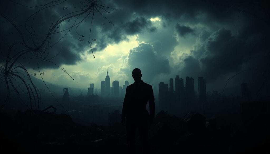 A dark, moody scene depicting the risks and limitations of AI-driven investing. In the foreground, a lone figure stands amidst a swirling vortex of complex equations and data streams, their face obscured by shadows. The middle ground features a crumbling, abstract cityscape, symbolizing the fragility of AI-driven markets. In the background, ominous clouds loom, casting an ominous glow over the scene. The lighting is dramatic, with harsh contrasts and deep shadows, creating a sense of unease and uncertainty. The overall atmosphere is one of foreboding, hinting at the potential pitfalls and unpredictability of relying too heavily on AI in the world of finance. A dark, moody scene depicting the risks and limitations of AI-driven investing. In the foreground, a lone figure stands amidst a swirling vortex of complex equations and data streams, their face obscured by shadows. The middle ground features a crumbling, abstract cityscape, symbolizing the fragility of AI-driven markets. In the background, ominous clouds loom, casting an ominous glow over the scene. The lighting is dramatic, with harsh contrasts and deep shadows, creating a sense of unease and uncertainty. The overall atmosphere is one of foreboding, hinting at the potential pitfalls and unpredictability of relying too heavily on AI in the world of finance.