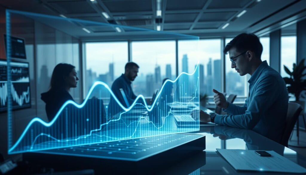 A data-driven visualization of AI market trends, captured through a cinematic lens. In the foreground, a holographic display showcases a dynamic graph charting the exponential growth of AI investments over time, casting an ethereal glow. The middle ground features a sleek, minimalist workspace where data analysts pore over reports and dashboards, their faces illuminated by the soft light of their screens. In the background, a panoramic window reveals a futuristic cityscape, hinting at the transformative impact of AI technology on the urban landscape. The scene is imbued with a sense of momentum, progress, and the fusion of human intelligence and machine learning. A data-driven visualization of AI market trends, captured through a cinematic lens. In the foreground, a holographic display showcases a dynamic graph charting the exponential growth of AI investments over time, casting an ethereal glow. The middle ground features a sleek, minimalist workspace where data analysts pore over reports and dashboards, their faces illuminated by the soft light of their screens. In the background, a panoramic window reveals a futuristic cityscape, hinting at the transformative impact of AI technology on the urban landscape. The scene is imbued with a sense of momentum, progress, and the fusion of human intelligence and machine learning.