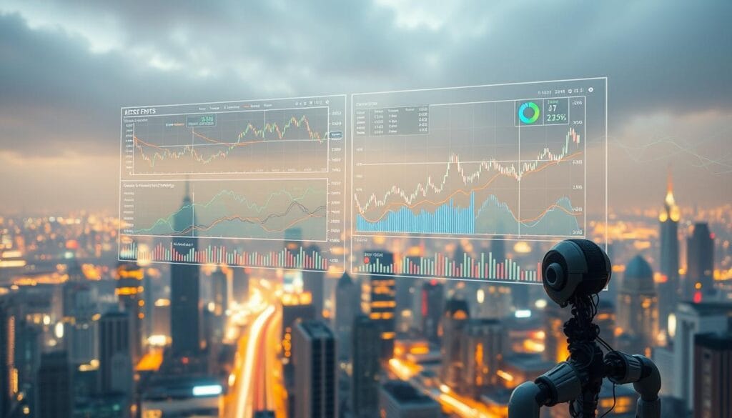 A data visualization dashboard floats amidst a dynamic trading landscape. Charts and graphs pulsate with insights, their lines and curves converging to reveal patterns in the ebb and flow of the market. In the foreground, an AI agent observes the data, its neural networks firing as it analyzes and interprets the information. The background depicts a cityscape shrouded in a soft, ambient glow, hinting at the integration of technology and finance. The scene conveys a sense of clarity and control, where natural language processing empowers traders to make informed decisions in the ever-evolving world of finance.
