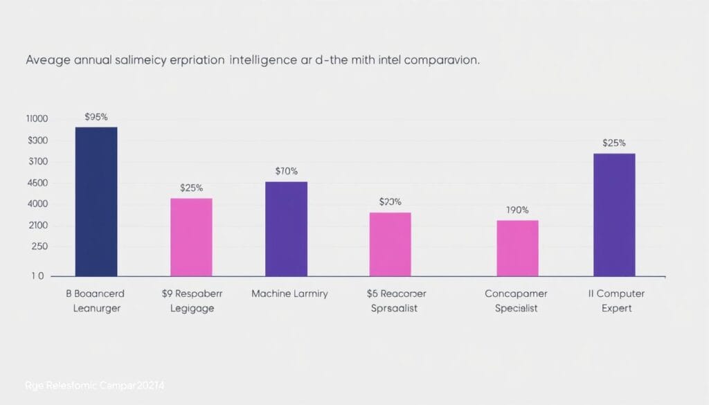 A data visualization displaying a comparative salary breakdown across various artificial intelligence job titles. A sleek, minimalist infographic with clear, concise bars representing the average annual compensation for roles such as AI Researcher, Machine Learning Engineer, Natural Language Processing Specialist, and Computer Vision Expert. The visualization is presented against a muted, neutral background that emphasizes the data, with clean typography and subtle, complementary color palettes. The overall impression is one of professionalism, clarity, and attention to detail, reflecting the high-earning potential of the AI industry.