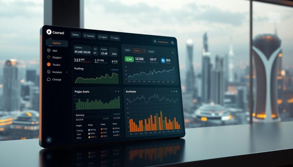 A detailed 3D rendering of a cryptocurrency individual retirement account (IRA) interface, showcasing various digital assets and investment options. The foreground displays an intuitive dashboard with graphs, charts, and interactive menus, reflecting the current state of the user's cryptocurrency portfolio. The middle ground features a sleek, minimalist design with clean lines and neutral tones, creating a sense of professionalism and financial security. The background depicts a futuristic cityscape, hinting at the global and cutting-edge nature of the cryptocurrency market. The lighting is soft and warm, creating a welcoming and trustworthy atmosphere. The overall composition conveys the idea of a secure, diversified, and technologically advanced cryptocurrency IRA solution.