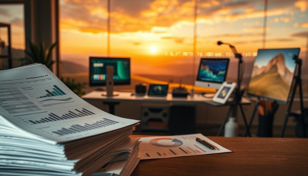 A detailed analysis of artificial intelligence-generated art and its potential for profitability. In the foreground, a stack of financial reports and charts showcasing revenue and cost projections. In the middle ground, a digital artist's workstation with a computer, tablet, and various art tools. In the background, a serene landscape with rolling hills and a vibrant skyline, symbolizing the boundless creative potential of AI-powered art. Soft, warm lighting illuminates the scene, casting a professional and authoritative atmosphere. Captured with a wide-angle lens to provide a comprehensive view of the subject matter. A detailed analysis of artificial intelligence-generated art and its potential for profitability. In the foreground, a stack of financial reports and charts showcasing revenue and cost projections. In the middle ground, a digital artist's workstation with a computer, tablet, and various art tools. In the background, a serene landscape with rolling hills and a vibrant skyline, symbolizing the boundless creative potential of AI-powered art. Soft, warm lighting illuminates the scene, casting a professional and authoritative atmosphere. Captured with a wide-angle lens to provide a comprehensive view of the subject matter.