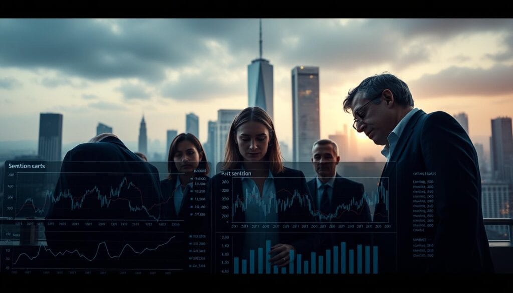 A detailed analysis of market sentiment in the finance industry, captured through a thoughtful combination of data visualization and metaphorical elements. In the foreground, a concise dashboard showcases key sentiment indicators, rendered in a clean, modern style. The middle ground features a group of investors scrutinizing the data, their expressions and body language conveying a mix of concentration and uncertainty. In the background, a cityscape with towering skyscrapers symbolizes the broader economic landscape, with subtle lighting and atmospheric effects creating a contemplative mood. The overall composition suggests the power of data-driven decision-making in the dynamic world of investments. A detailed analysis of market sentiment in the finance industry, captured through a thoughtful combination of data visualization and metaphorical elements. In the foreground, a concise dashboard showcases key sentiment indicators, rendered in a clean, modern style. The middle ground features a group of investors scrutinizing the data, their expressions and body language conveying a mix of concentration and uncertainty. In the background, a cityscape with towering skyscrapers symbolizes the broader economic landscape, with subtle lighting and atmospheric effects creating a contemplative mood. The overall composition suggests the power of data-driven decision-making in the dynamic world of investments.