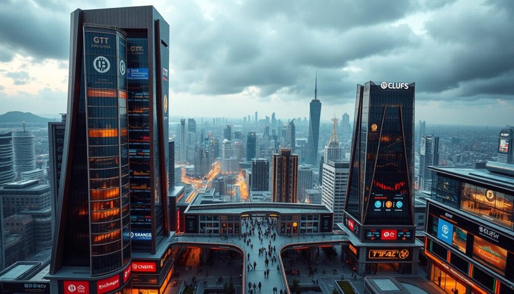 A detailed and modern cityscape showcasing the bustling world of cryptocurrency exchanges. In the foreground, a group of skyscrapers with sleek, angular designs in shades of steel, glass, and chrome. Highlighted by warm, diffused lighting, their facades feature dynamic digital displays showcasing live market data and exchange logos. In the middle ground, a network of pedestrian walkways and transport hubs connect the exchange buildings, bustling with individuals engaged in animated discussions. The background is a panoramic view of a futuristic metropolis, its skyline punctuated by towering tech headquarters and data centers. An atmosphere of innovation, technology, and financial prowess permeates the scene.
