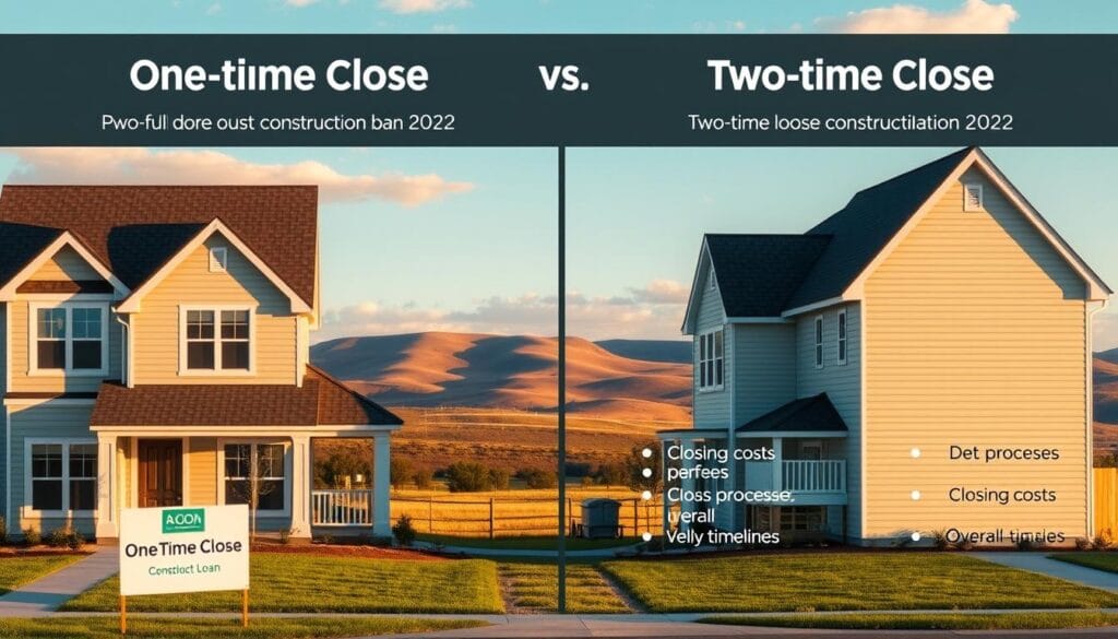 A detailed architectural rendering showcasing the key differences between one-time close and two-time close construction loan options. In the foreground, two adjacent houses in a suburban setting, one with a "One-Time Close" sign and the other with a "Two-Time Close" sign. The middle ground features a clear side-by-side comparison, highlighting the distinct loan processes, closing costs, and overall timelines. The background depicts a serene landscape with rolling hills, a cloudless sky, and warm, golden lighting to convey a sense of financial stability and homeownership realization. The composition emphasizes the pros and cons of each loan type, inviting the viewer to carefully consider their options when building their dream home. A detailed architectural rendering showcasing the key differences between one-time close and two-time close construction loan options. In the foreground, two adjacent houses in a suburban setting, one with a "One-Time Close" sign and the other with a "Two-Time Close" sign. The middle ground features a clear side-by-side comparison, highlighting the distinct loan processes, closing costs, and overall timelines. The background depicts a serene landscape with rolling hills, a cloudless sky, and warm, golden lighting to convey a sense of financial stability and homeownership realization. The composition emphasizes the pros and cons of each loan type, inviting the viewer to carefully consider their options when building their dream home.
