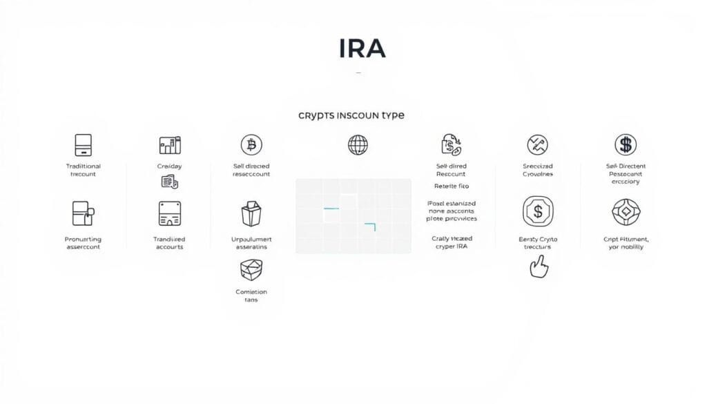 A detailed blueprint of various cryptocurrency IRA account types, rendered in a sleek, minimalist style. Depicted against a clean white background, the foreground features distinct icons and symbols for different digital asset account options - including traditional, self-directed, and specialized crypto IRAs. The middle ground showcases a subtle grid layout, subtly guiding the viewer's eye. Illuminated by soft, directional lighting, the image conveys a sense of professionalism and financial sophistication, complementing the article's focus on diversifying retirement portfolios with emerging digital asset classes.