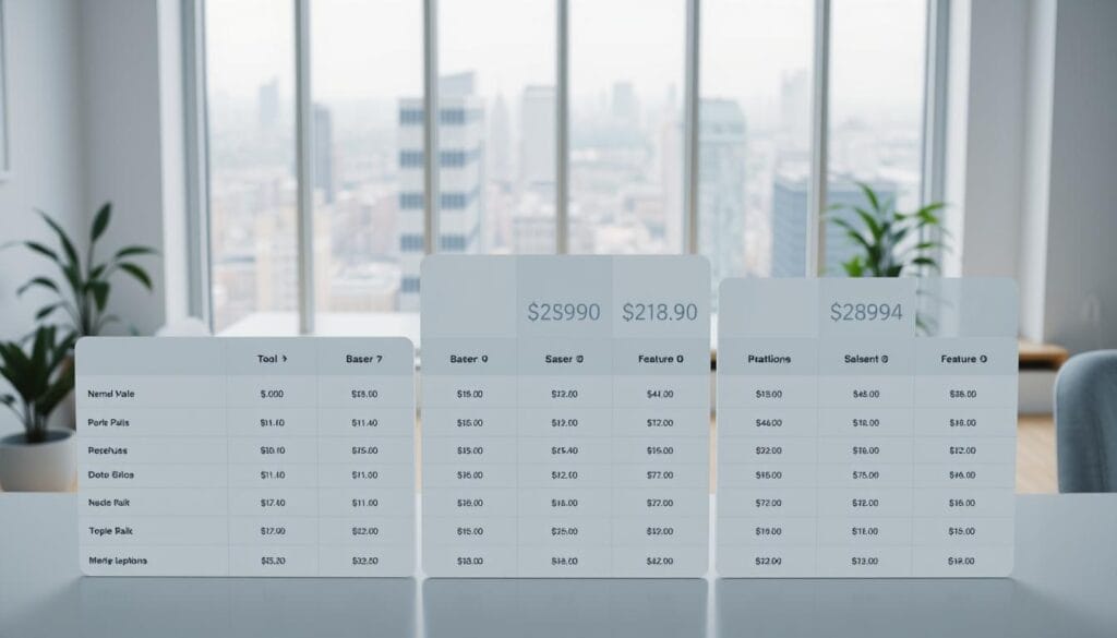 A detailed breakdown of financial tools' pricing, showcasing their various subscription plans and feature sets. The foreground displays a clean, minimalist table with columns for tool names, base prices, and tiered pricing options. The middle ground features subtle data visualizations, such as line graphs and pie charts, highlighting key cost metrics. The background is a serene, pastel-toned workspace, with a large window overlooking a bustling cityscape. The lighting is soft and diffused, creating a professional yet approachable atmosphere. The overall composition conveys a sense of clarity, precision, and data-driven decision-making. A detailed breakdown of financial tools' pricing, showcasing their various subscription plans and feature sets. The foreground displays a clean, minimalist table with columns for tool names, base prices, and tiered pricing options. The middle ground features subtle data visualizations, such as line graphs and pie charts, highlighting key cost metrics. The background is a serene, pastel-toned workspace, with a large window overlooking a bustling cityscape. The lighting is soft and diffused, creating a professional yet approachable atmosphere. The overall composition conveys a sense of clarity, precision, and data-driven decision-making.